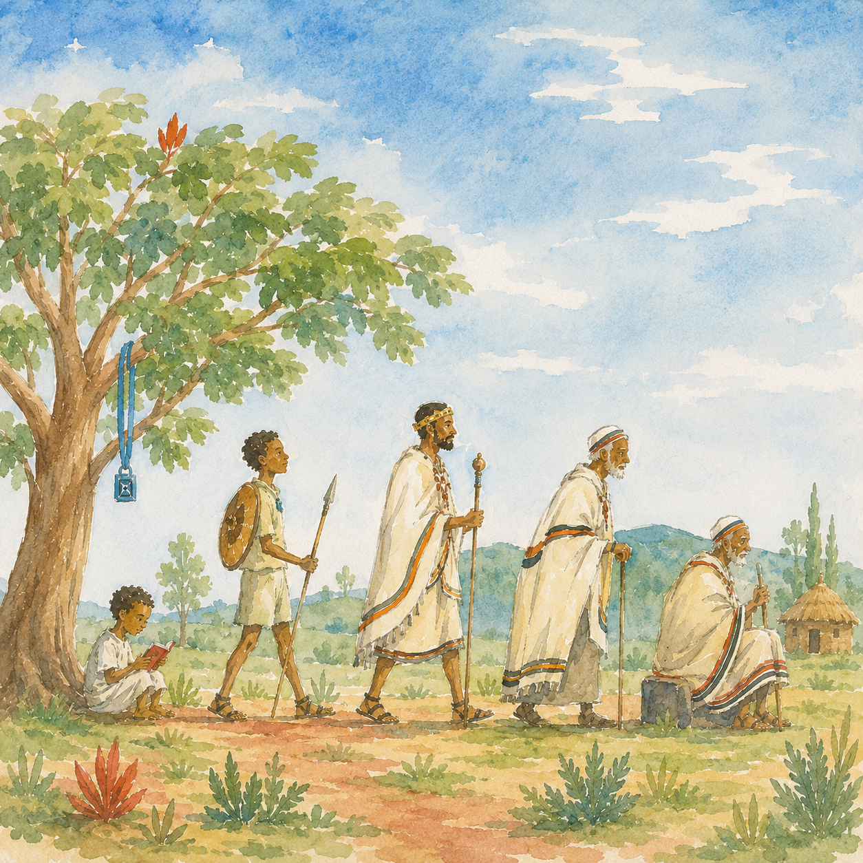 Watercolor illustration of the five Oromo life stages: a child reading, a young warrior, a leader with a scepter, an elder with a staff, and a seated retired elder.