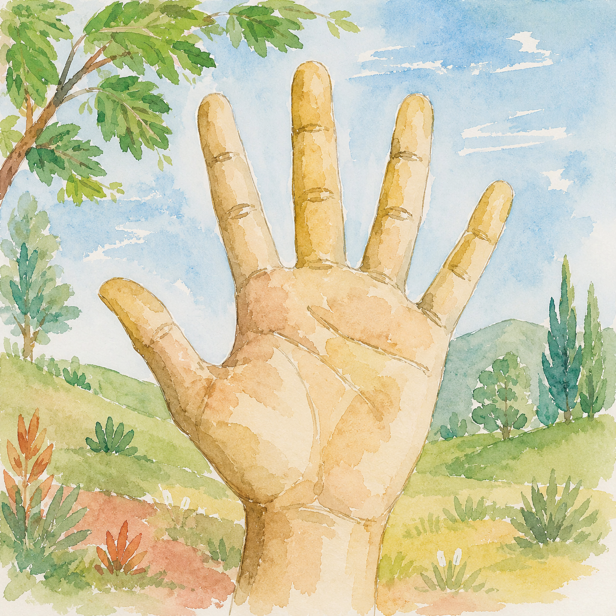 Watercolor illustration of an open hand with five fingers against an Oromia landscape.